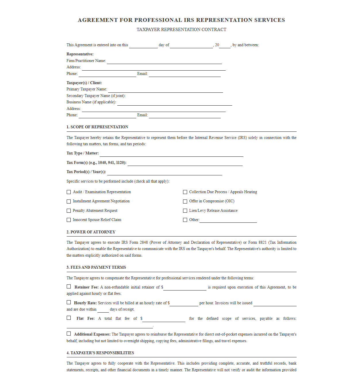 Professional IRS Representation Services Contract
