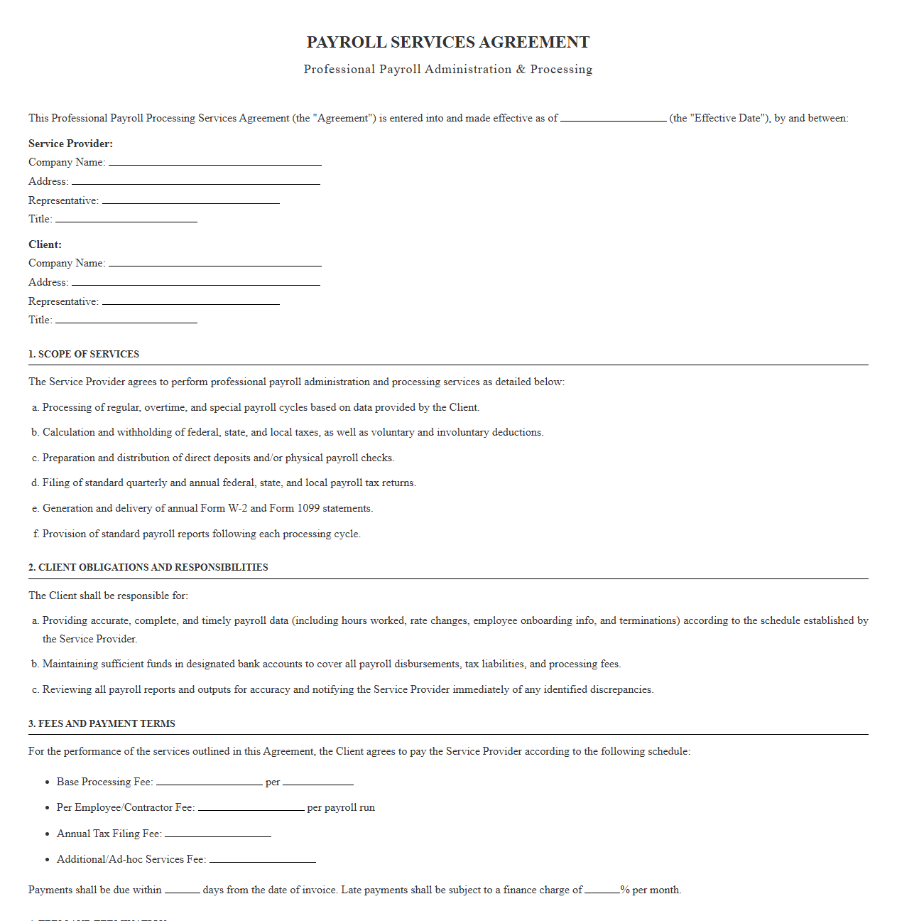 Professional Payroll Processing Services Agreement Form