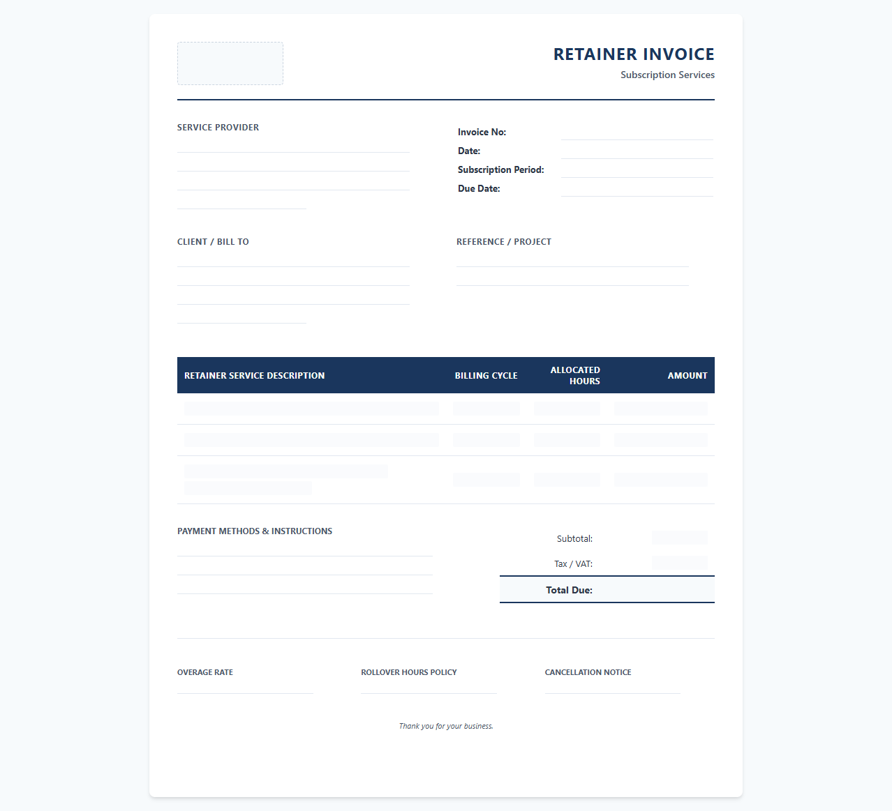 Professional Services Retainer Subscription Invoice