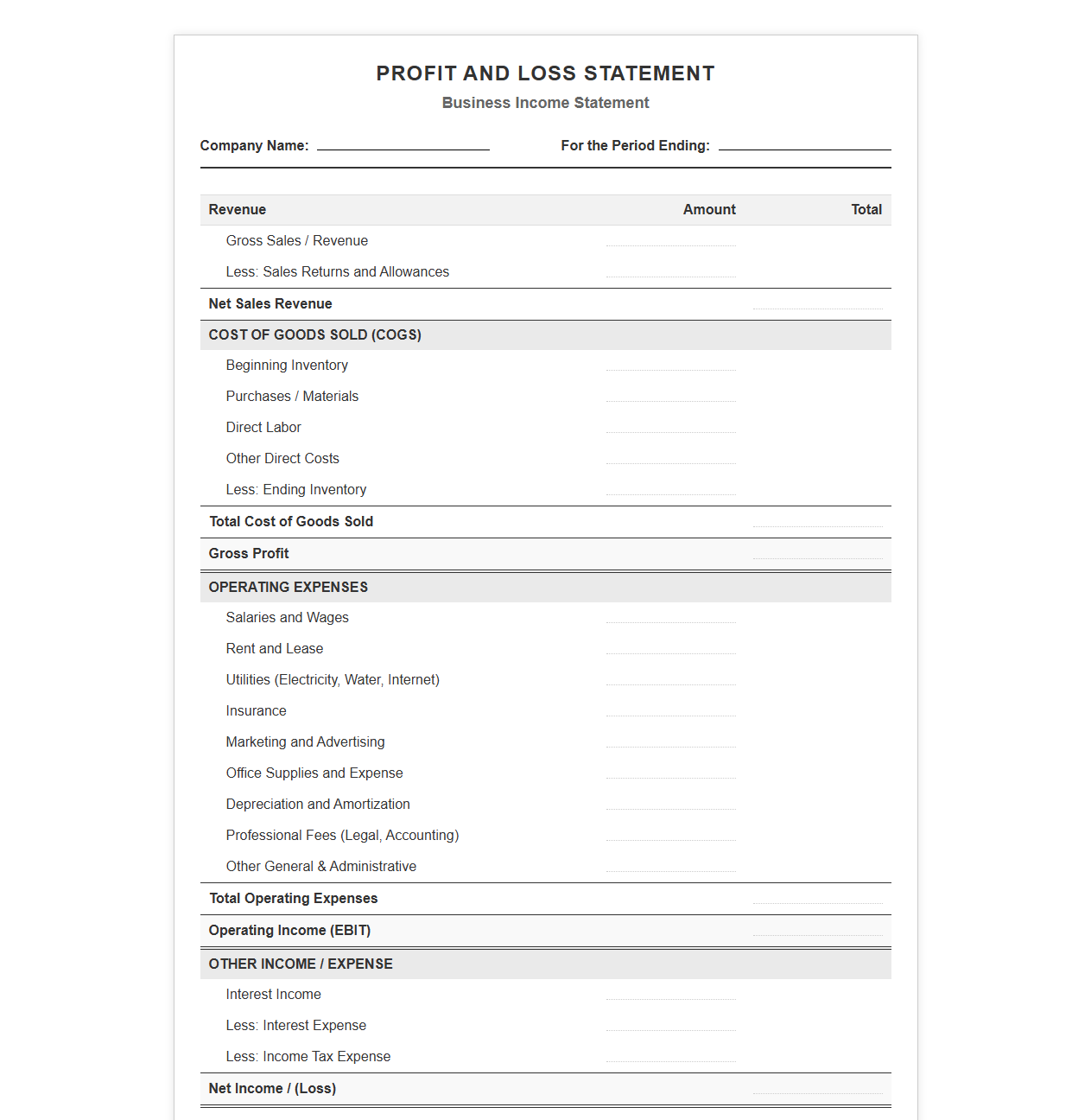 Profit and Loss Statement Template for Business