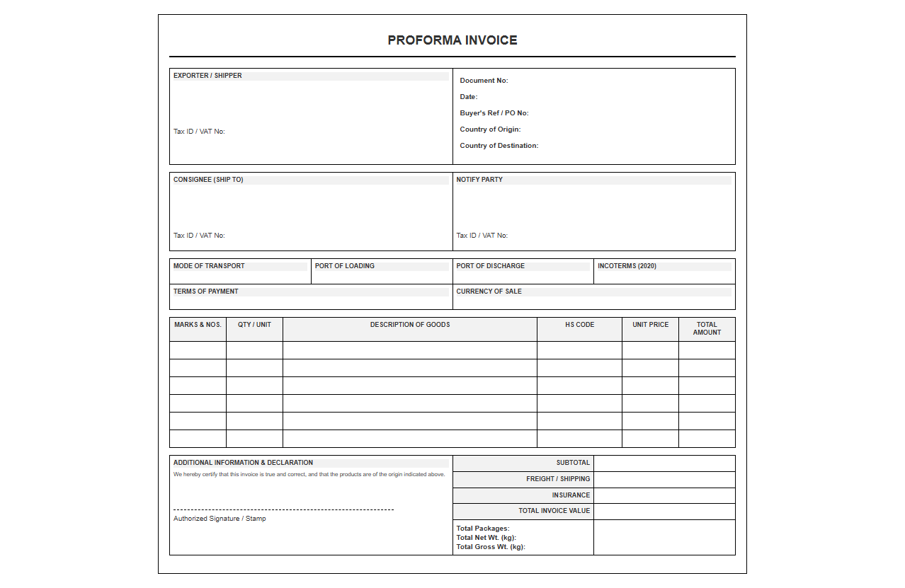 Proforma Invoice for International Commercial Export