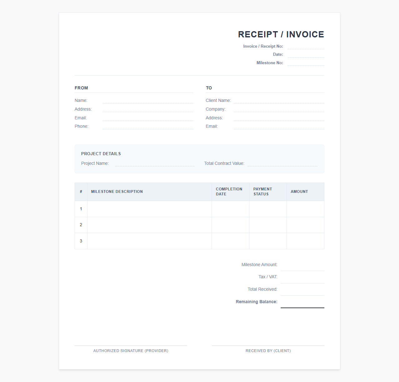 Project Milestone Invoice and Receipt
