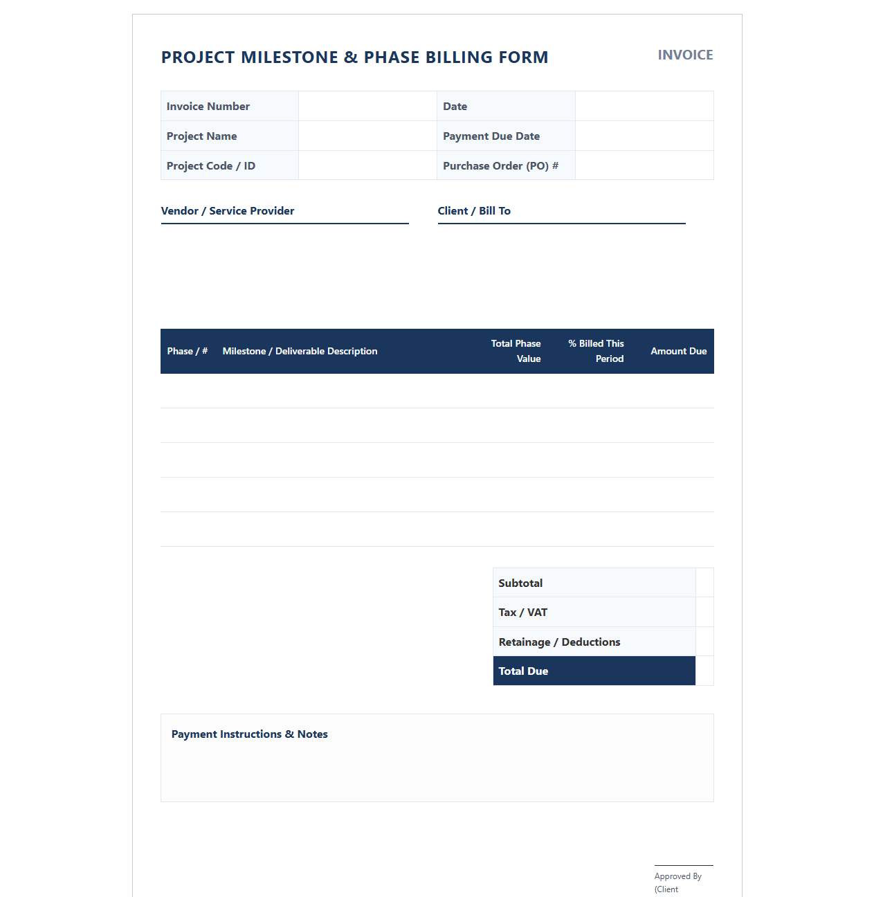Project Milestone and Phase Billing Form