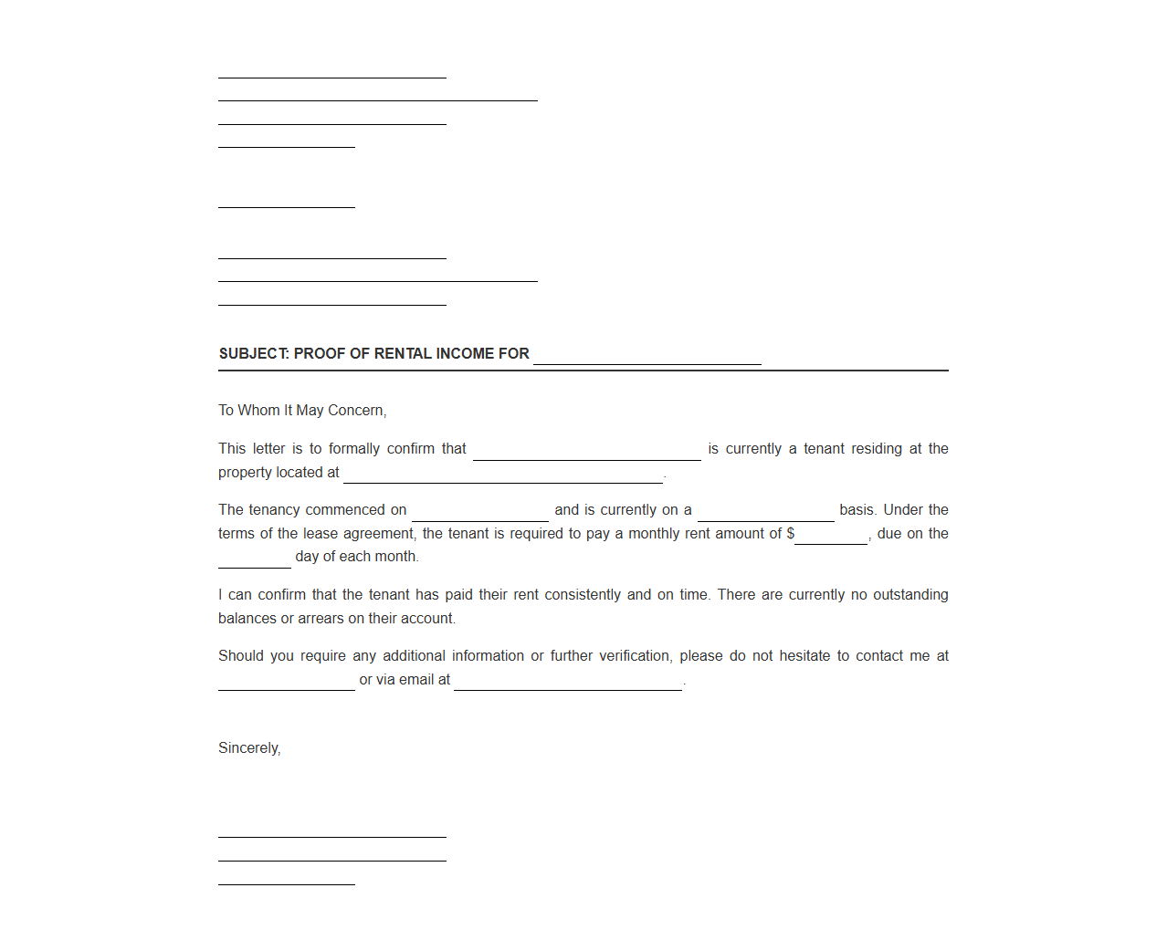 Proof of Rental Income Letter Template
