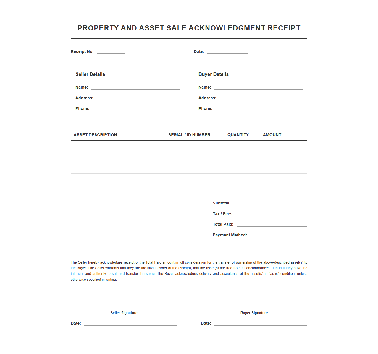 Property and Asset Sale Acknowledgment Receipt