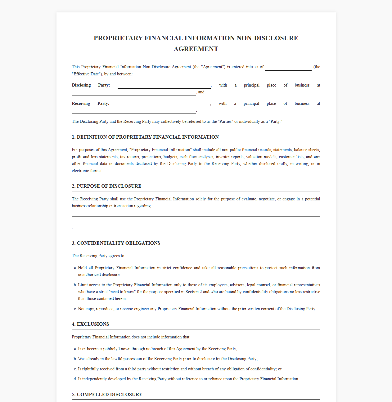 Proprietary Financial Information NDA Template