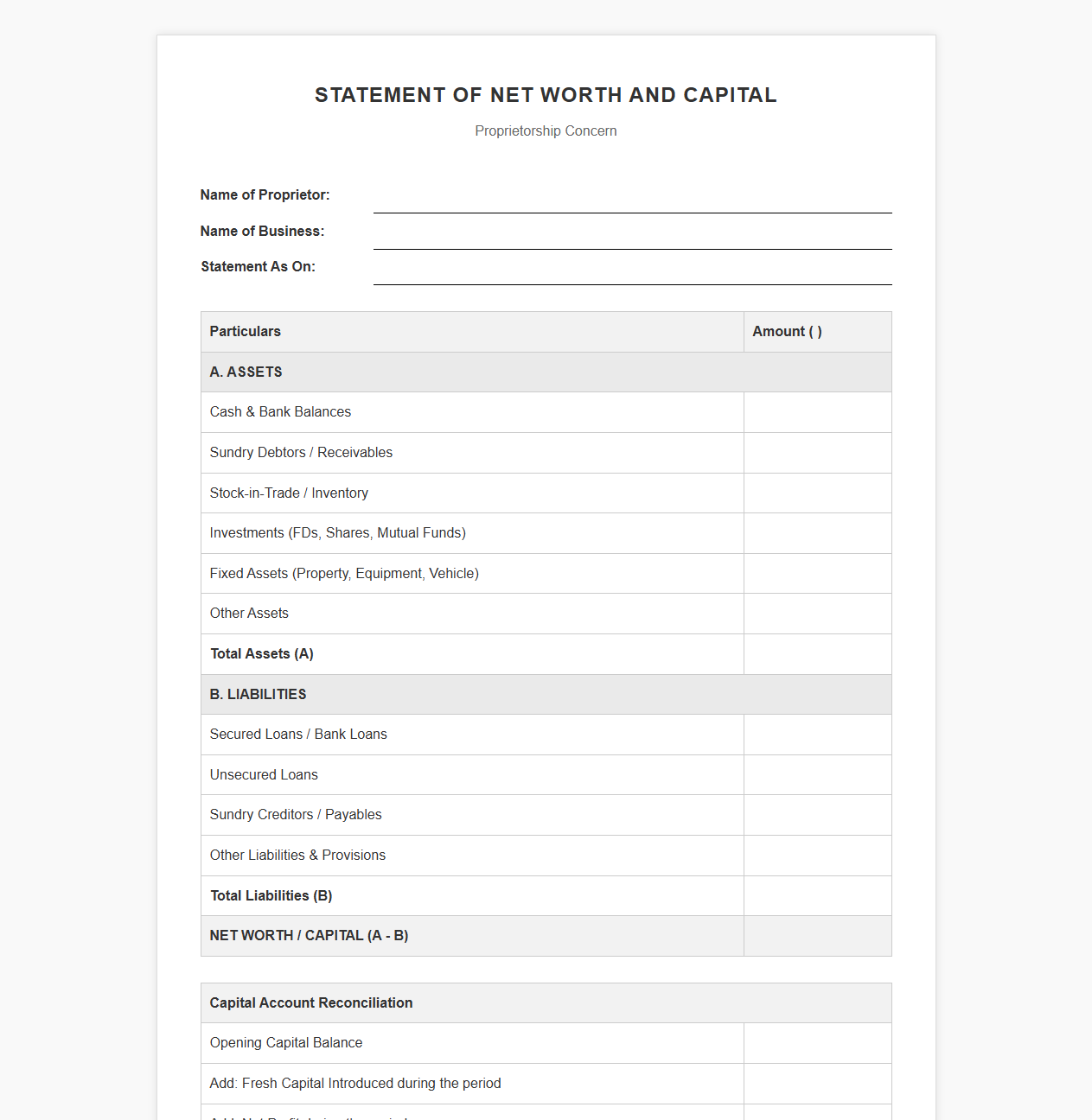 Proprietorship Net Worth and Capital Statement