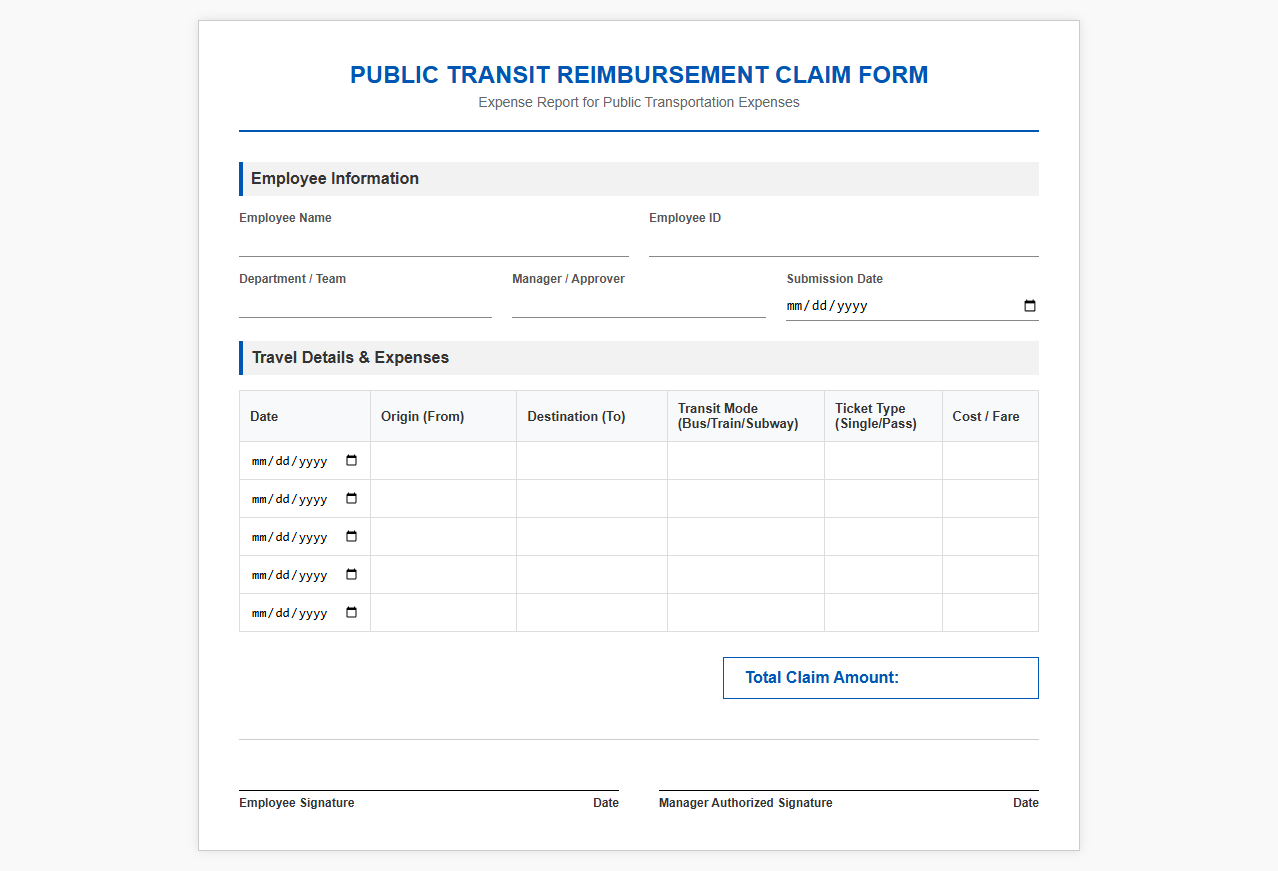 Public Transit Reimbursement Claim Form