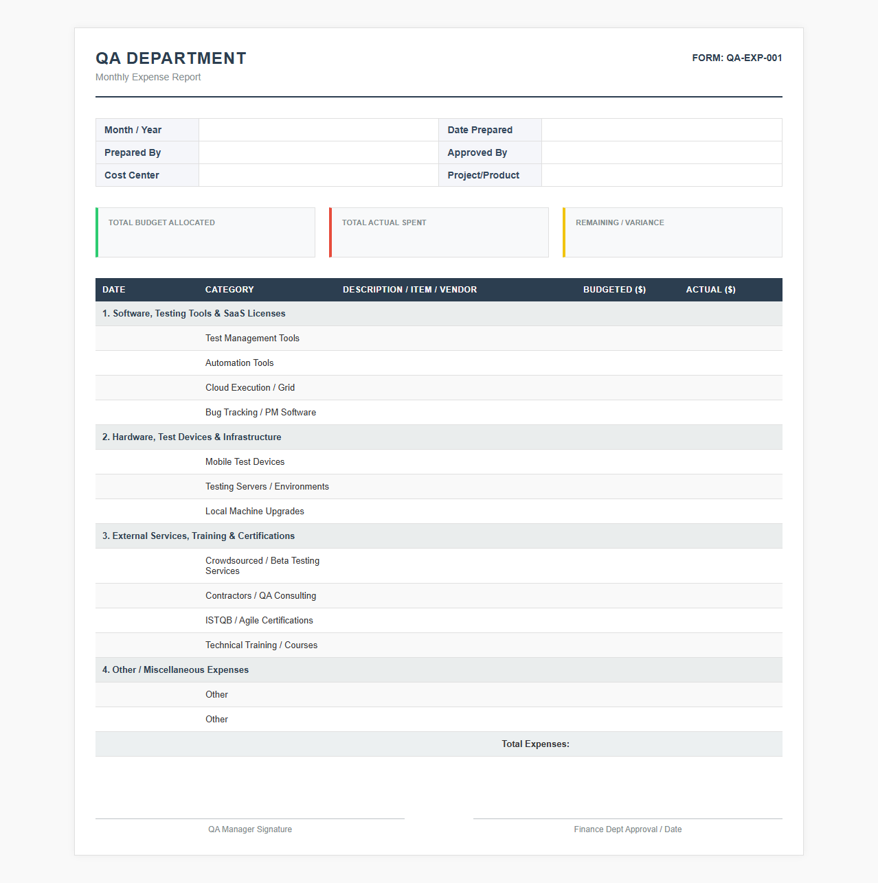 QA Department Monthly Expense Template