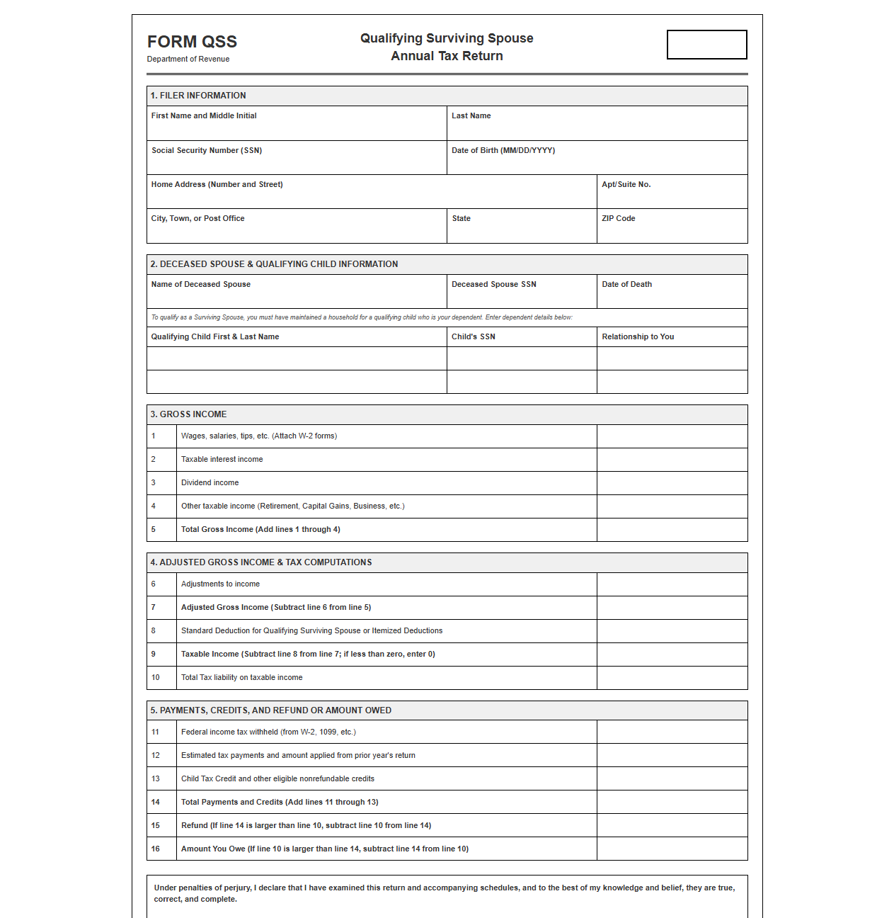 Qualifying Surviving Spouse Annual Tax Return Template
