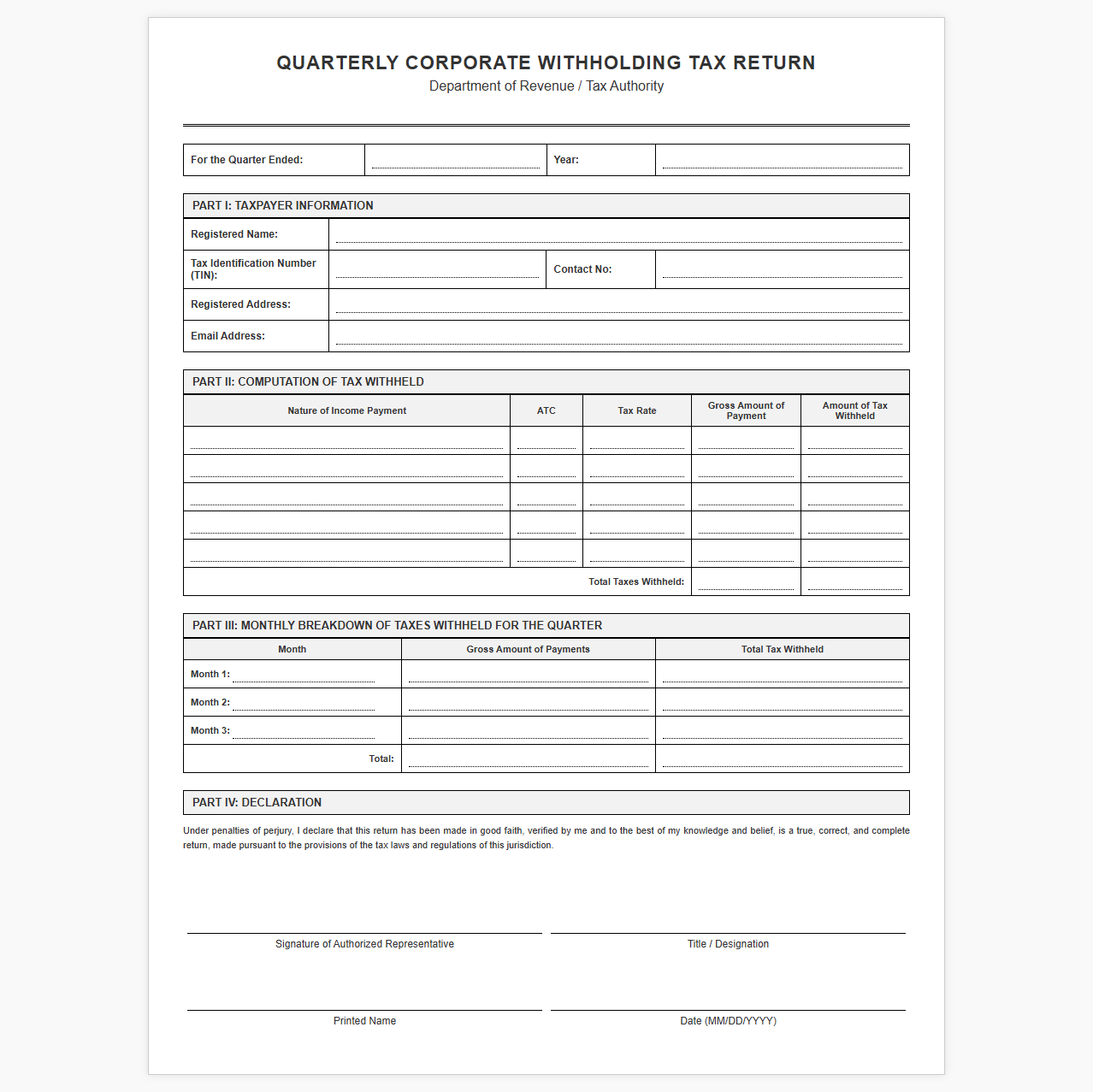Quarterly Corporate Withholding Tax Return Sheet