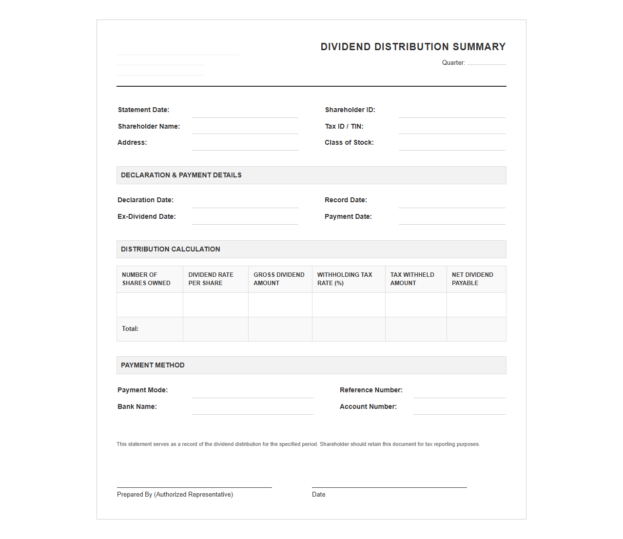 Quarterly Dividend Distribution Summary Template