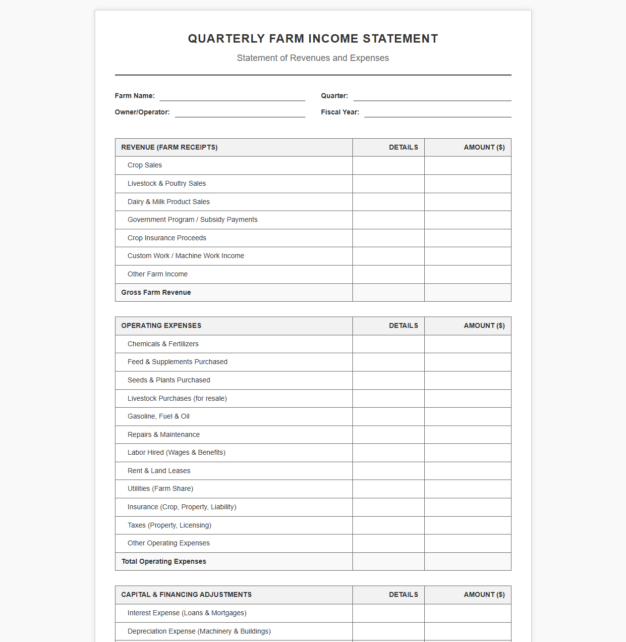 Quarterly Farm Income Statement Template
