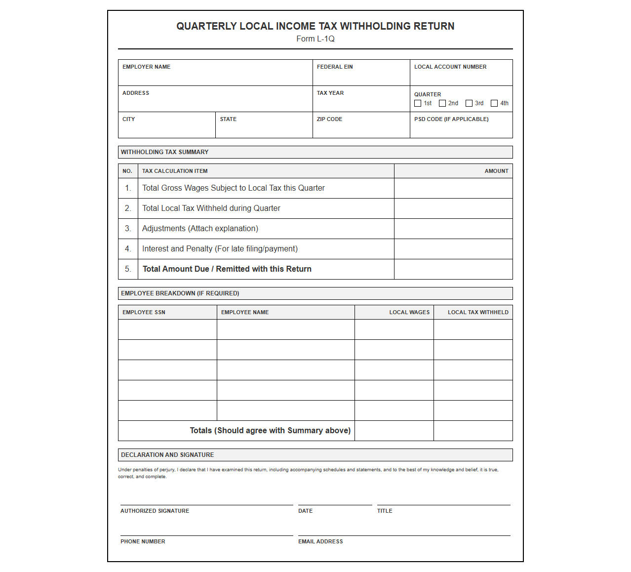Quarterly Local Income Tax Withholding Form