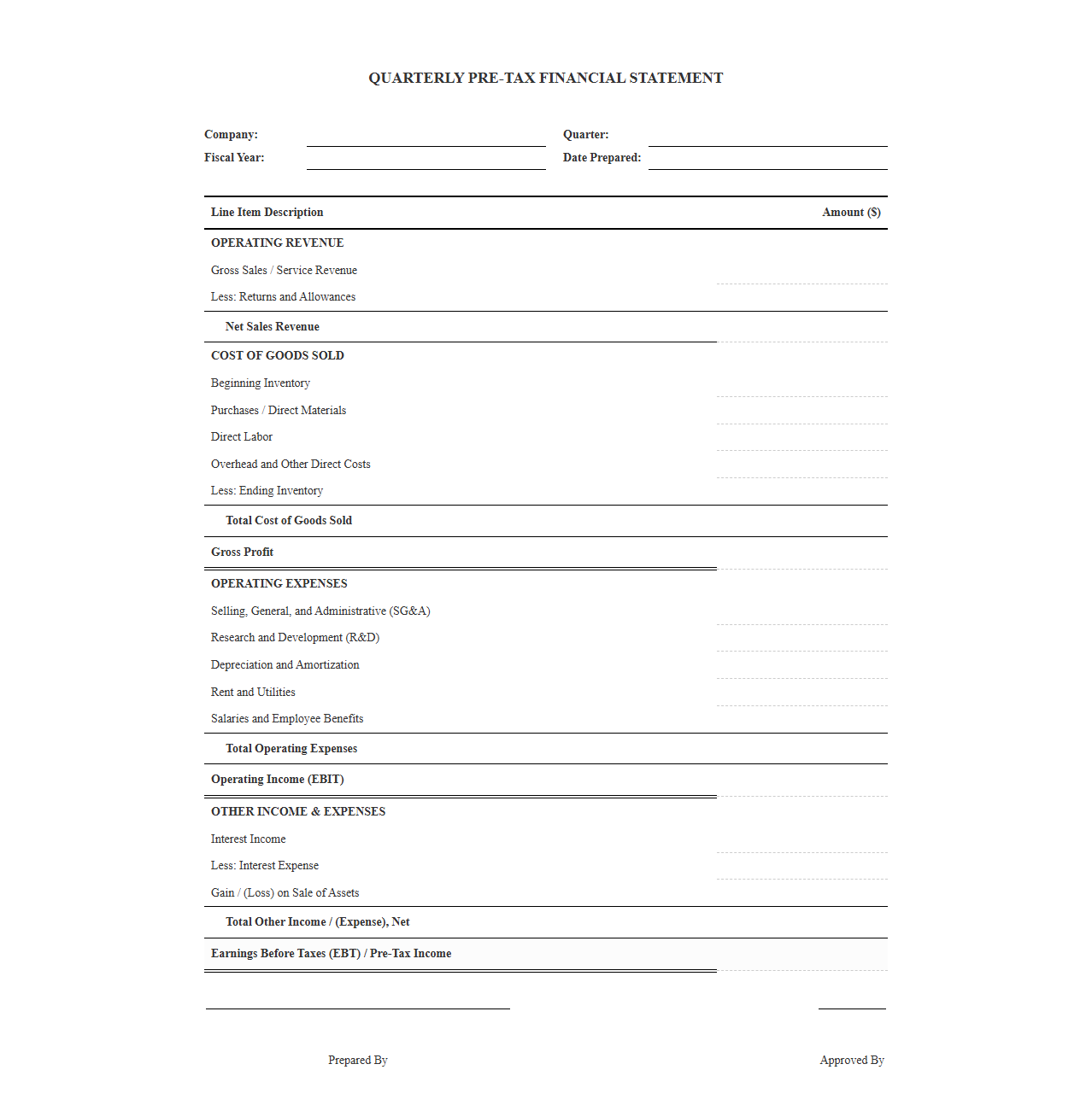 Quarterly Pre-Tax Financial Statement Layout