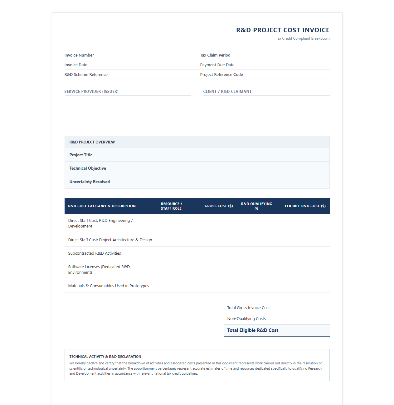 R&D Project Cost Breakdown Invoice