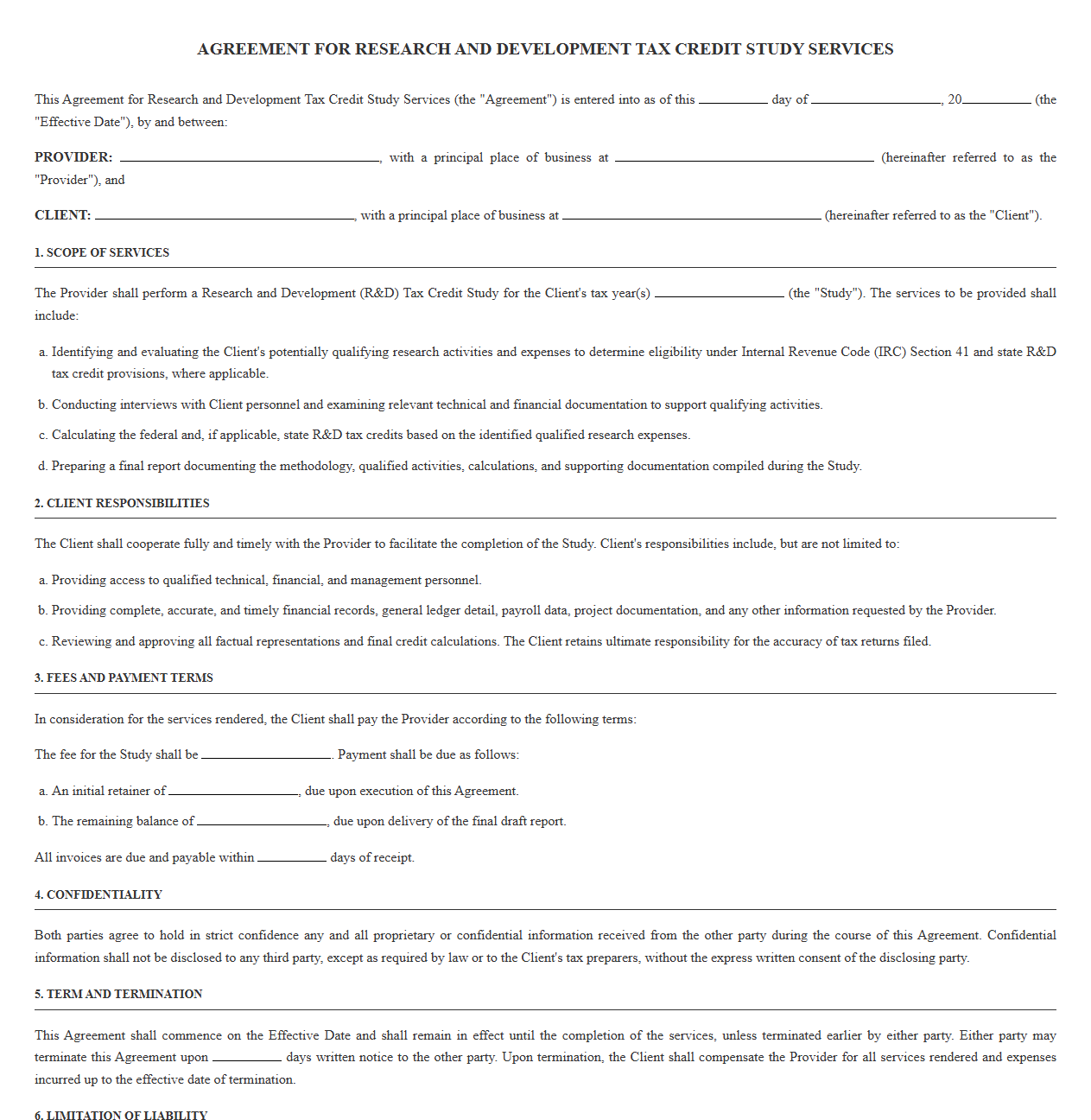 R&D Tax Credit Study Service Contract