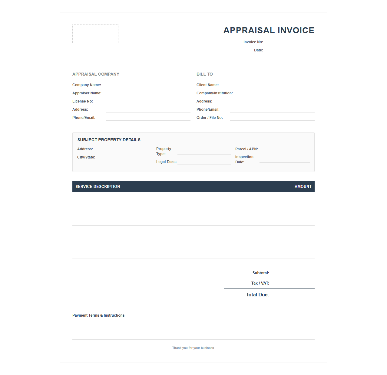Real Estate Appraisal Service Invoice Template
