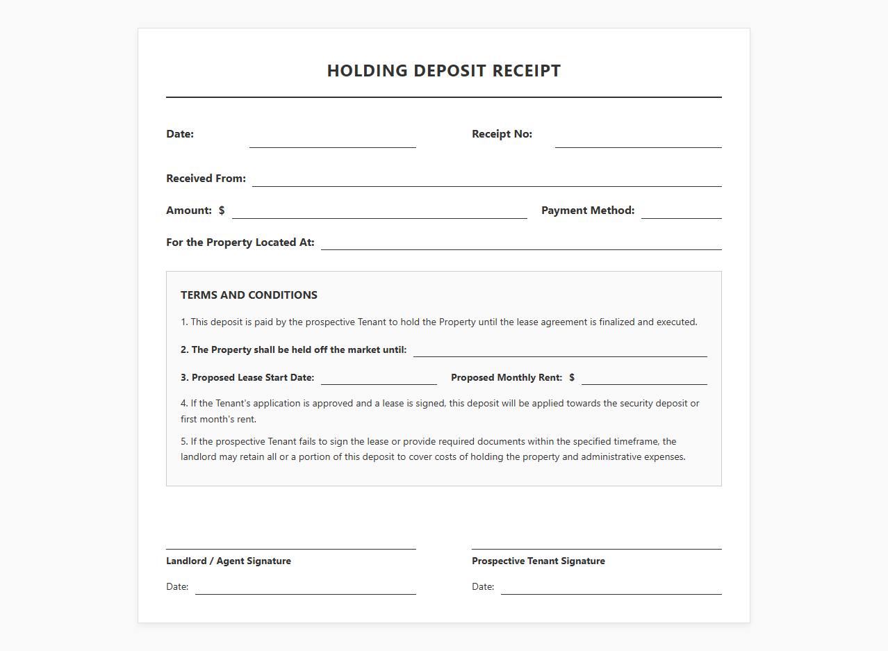 Real Estate Holding Deposit Receipt Form