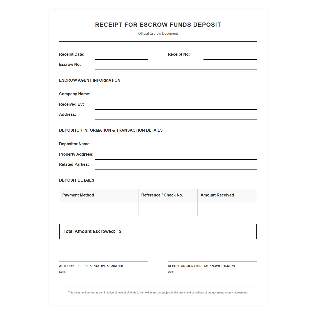 Receipt for Escrow Funds Deposit