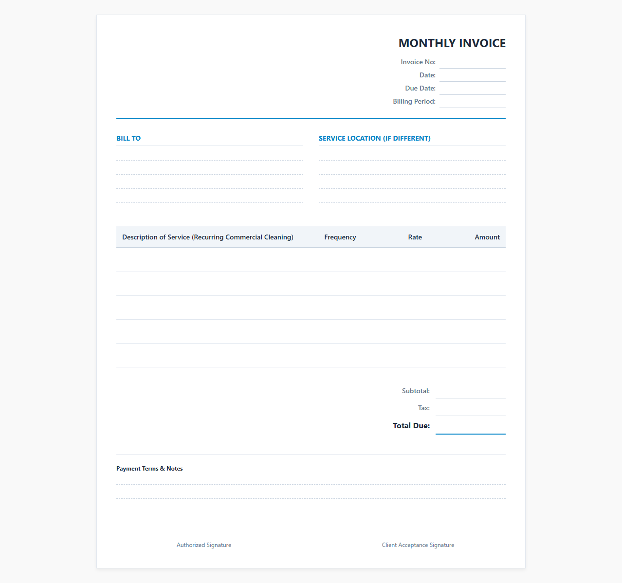 Recurring Commercial Cleaning Monthly Invoice
