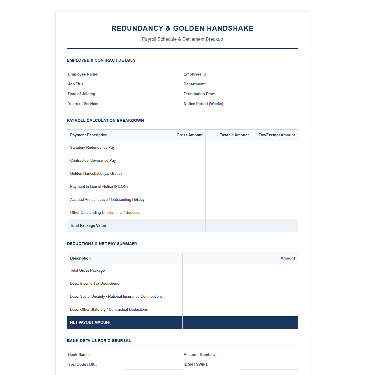 Redundancy and Golden Handshake Payroll Schedule