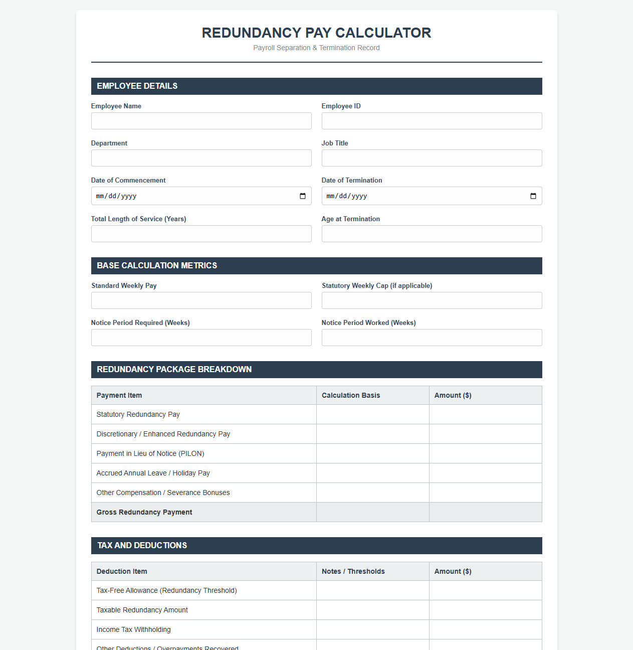 Redundancy Pay Payroll Calculator Template