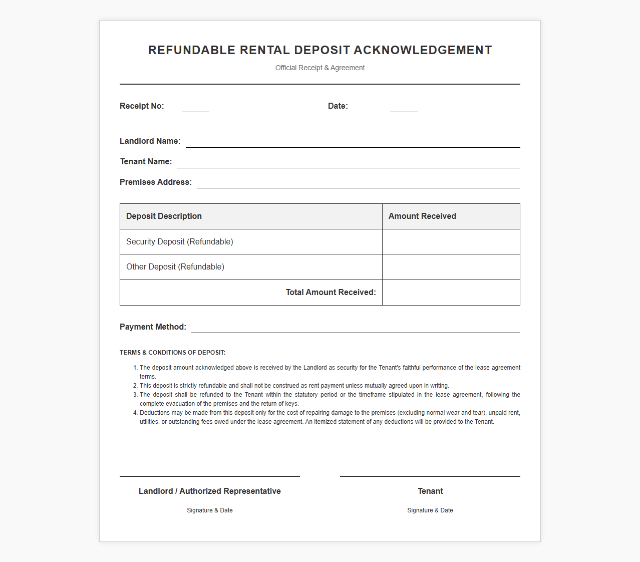 Refundable Rental Deposit Acknowledgement Template