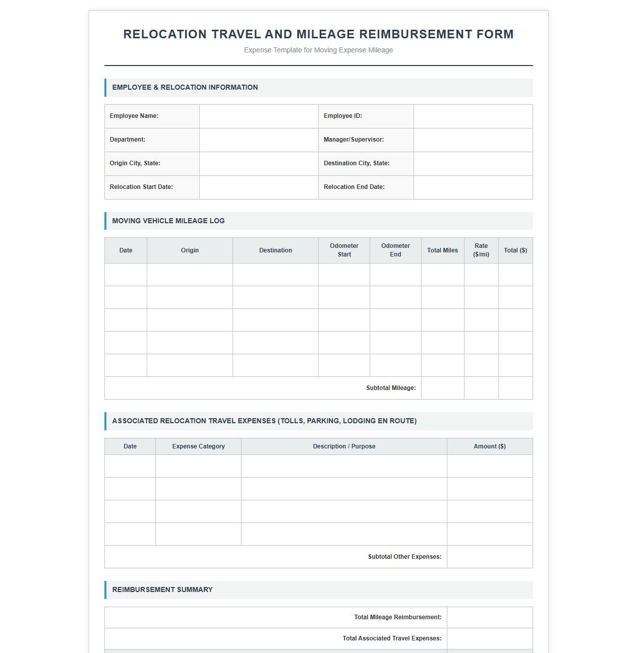 Relocation Travel and Mileage Reimbursement Form
