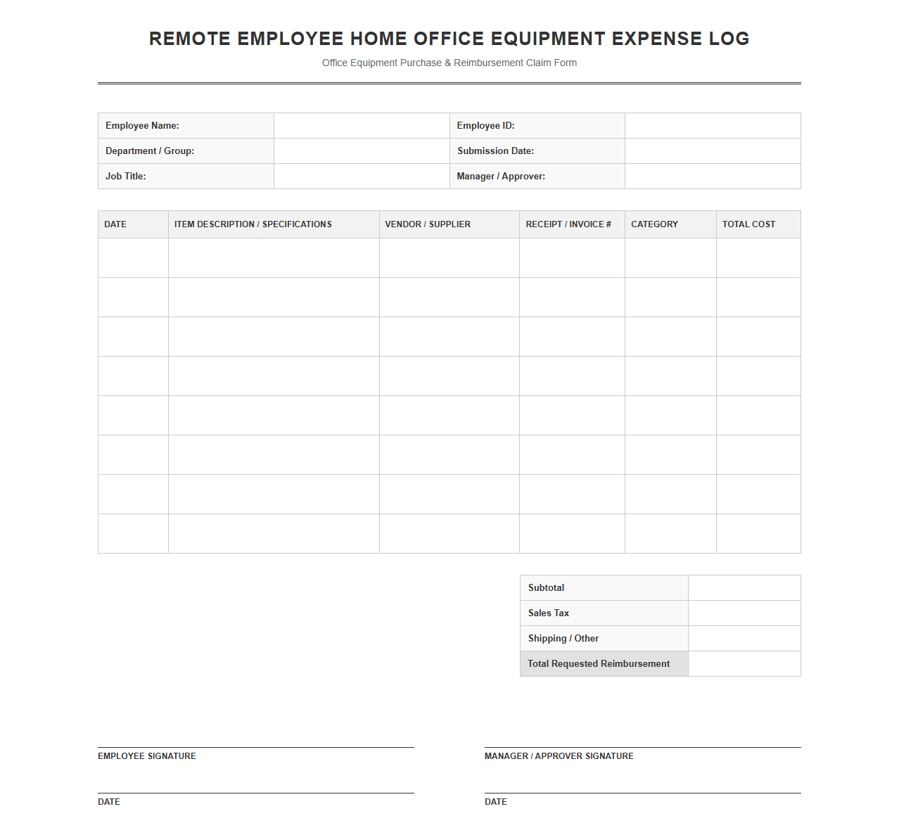 Remote Employee Home Office Equipment Expense Log