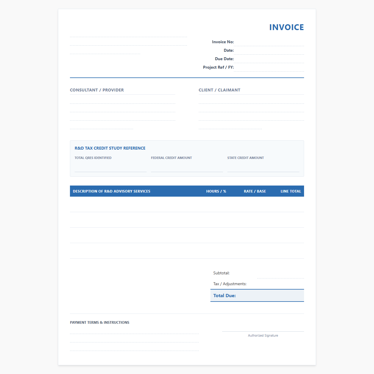 Research and Development Tax Credit Invoice Template