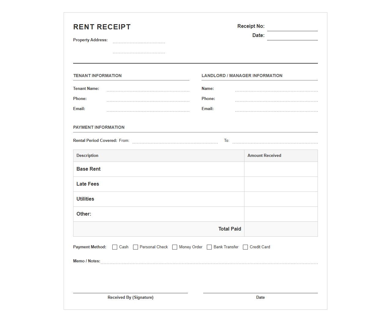 Residential Lease Payment Receipt Template