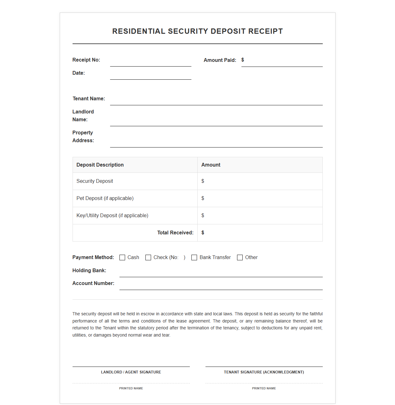 Residential Security Deposit Receipt Template