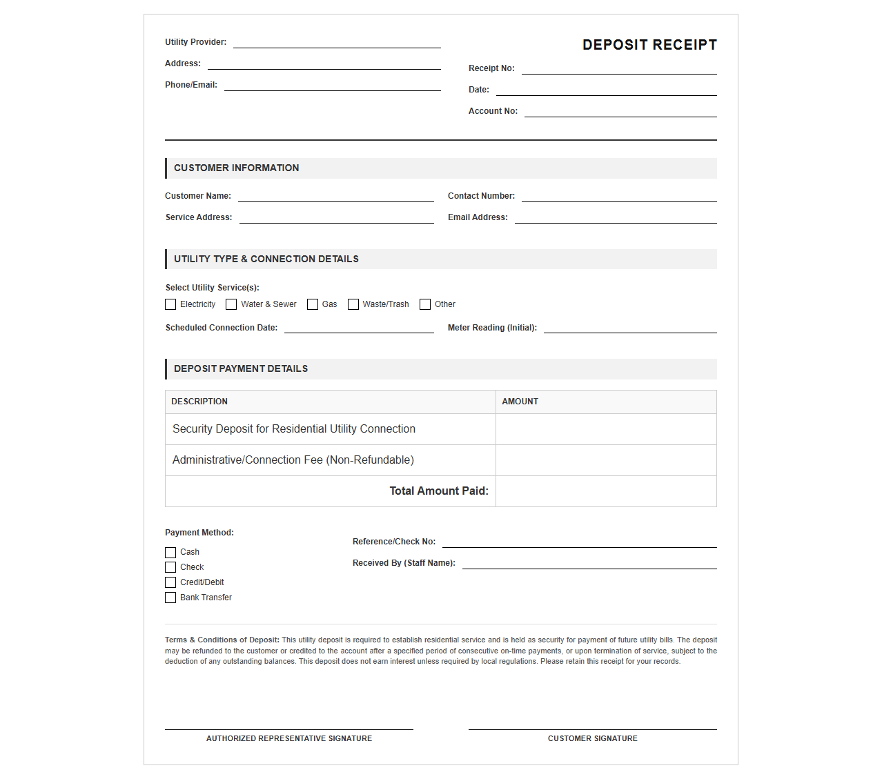 Residential Utility Connection Deposit Receipt