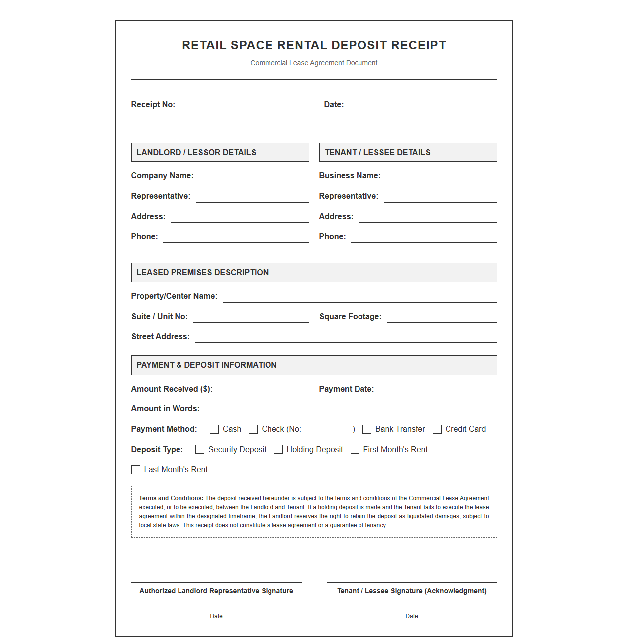 Retail Space Rental Deposit Receipt Form