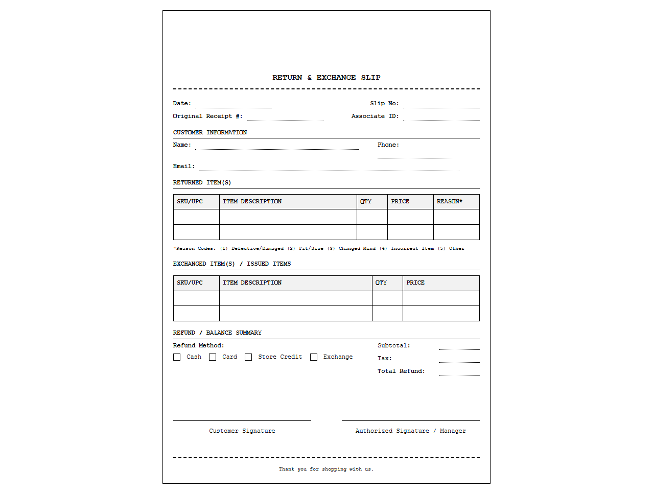 Retail Store Item Return and Exchange Slip