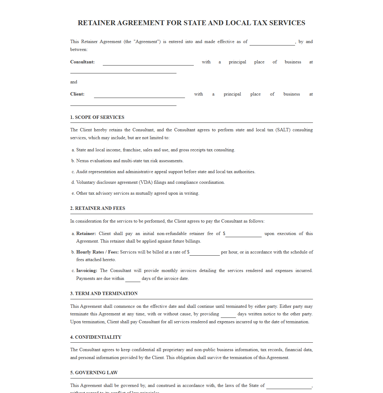 Retainer Agreement for State and Local Tax Services