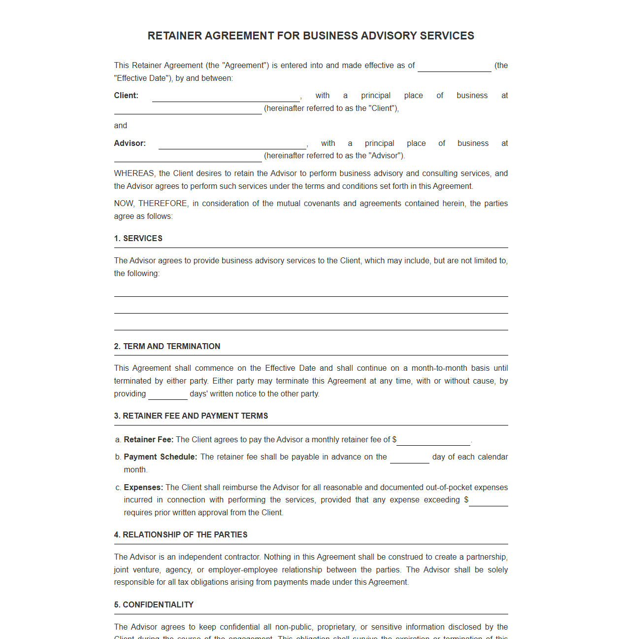 Retainer Agreement Template for Business Advisory Services