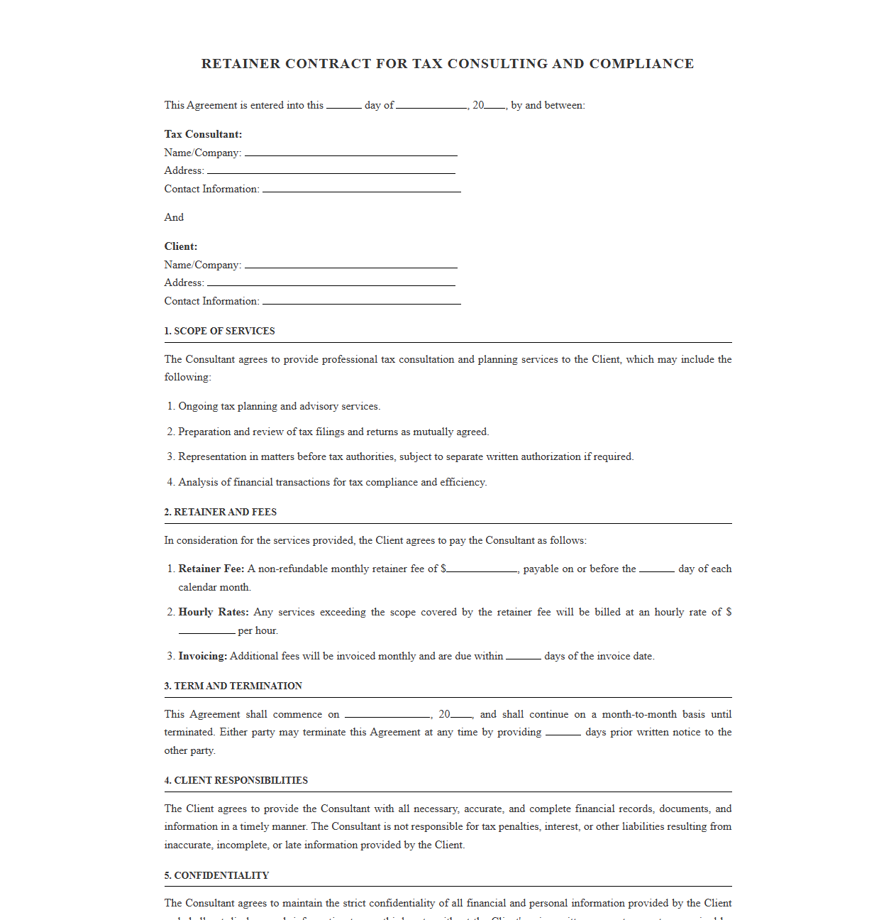 Retainer Contract for Tax Consulting and Compliance