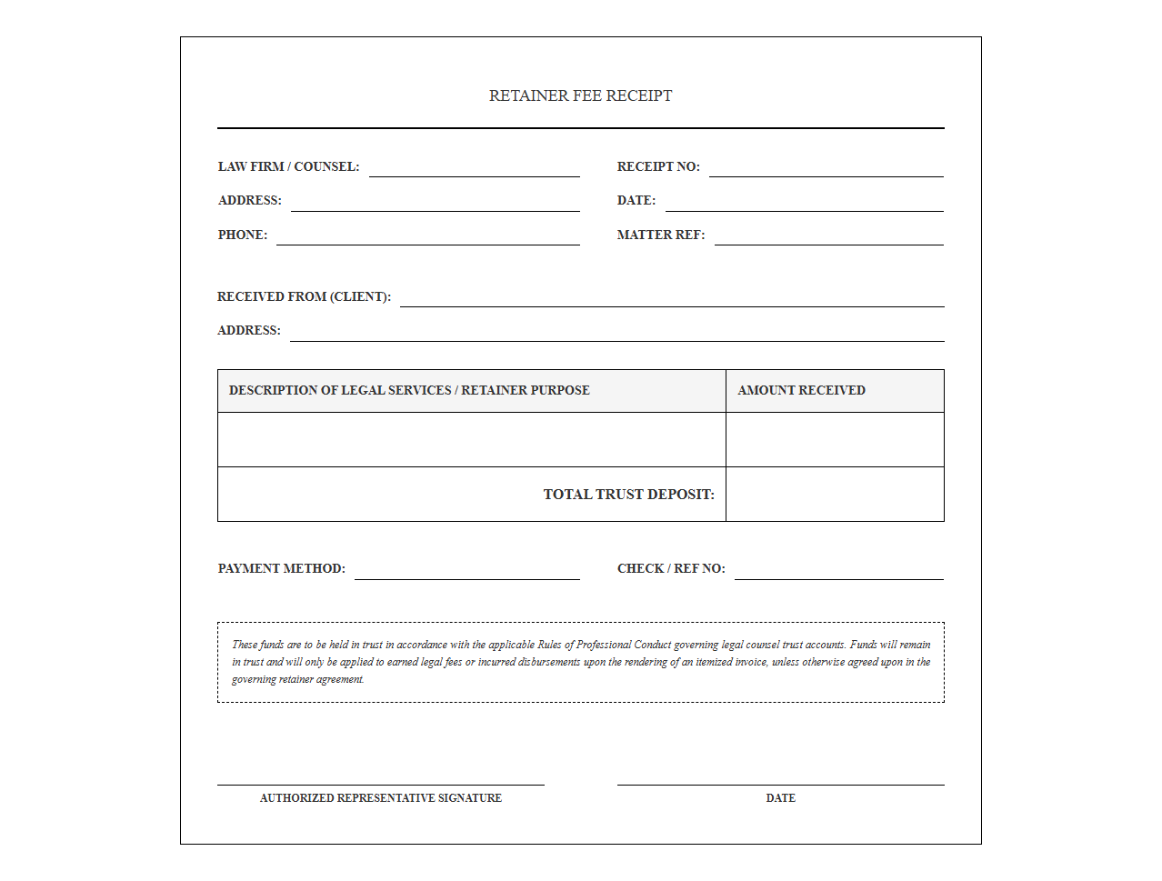 Retainer Fee Receipt Template for Legal Counsel