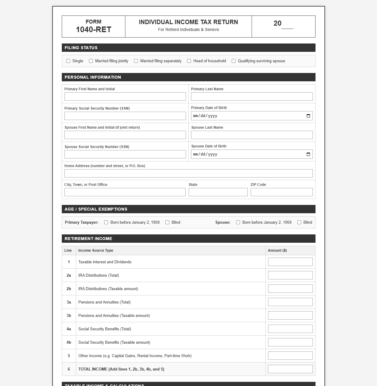 Retiree Income Tax Return Form