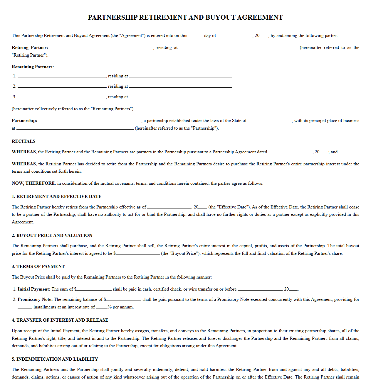 Retirement Buyout Agreement for Partnership Members
