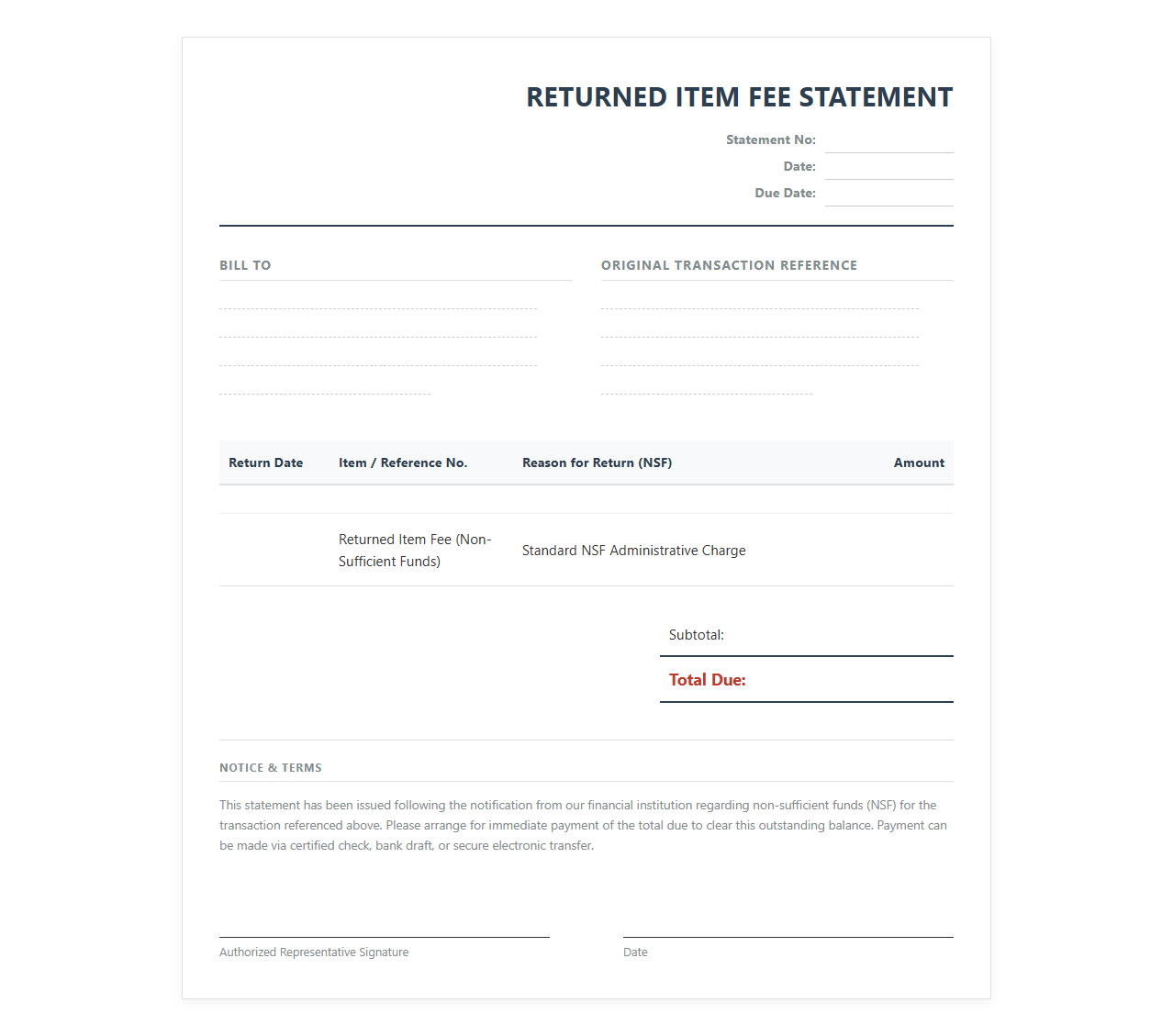 Returned Item Fee Statement Template