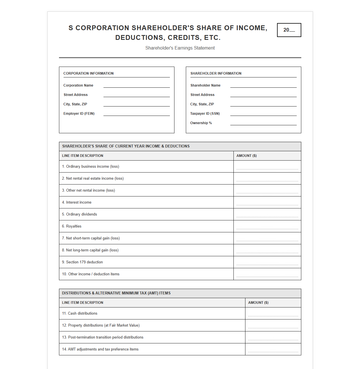 S Corp Shareholder Earnings Statement Template