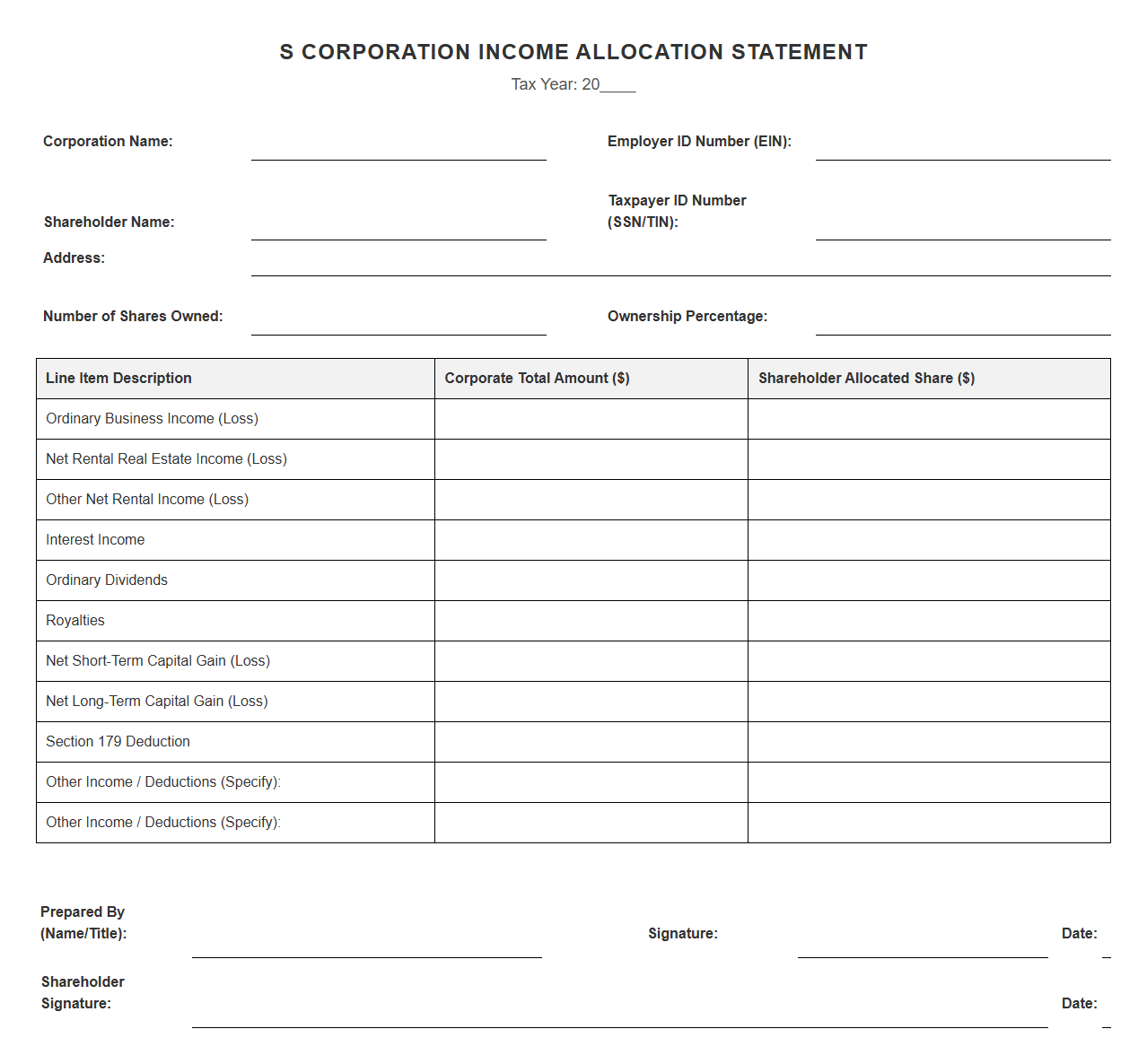 S Corporation Income Allocation Statement Format