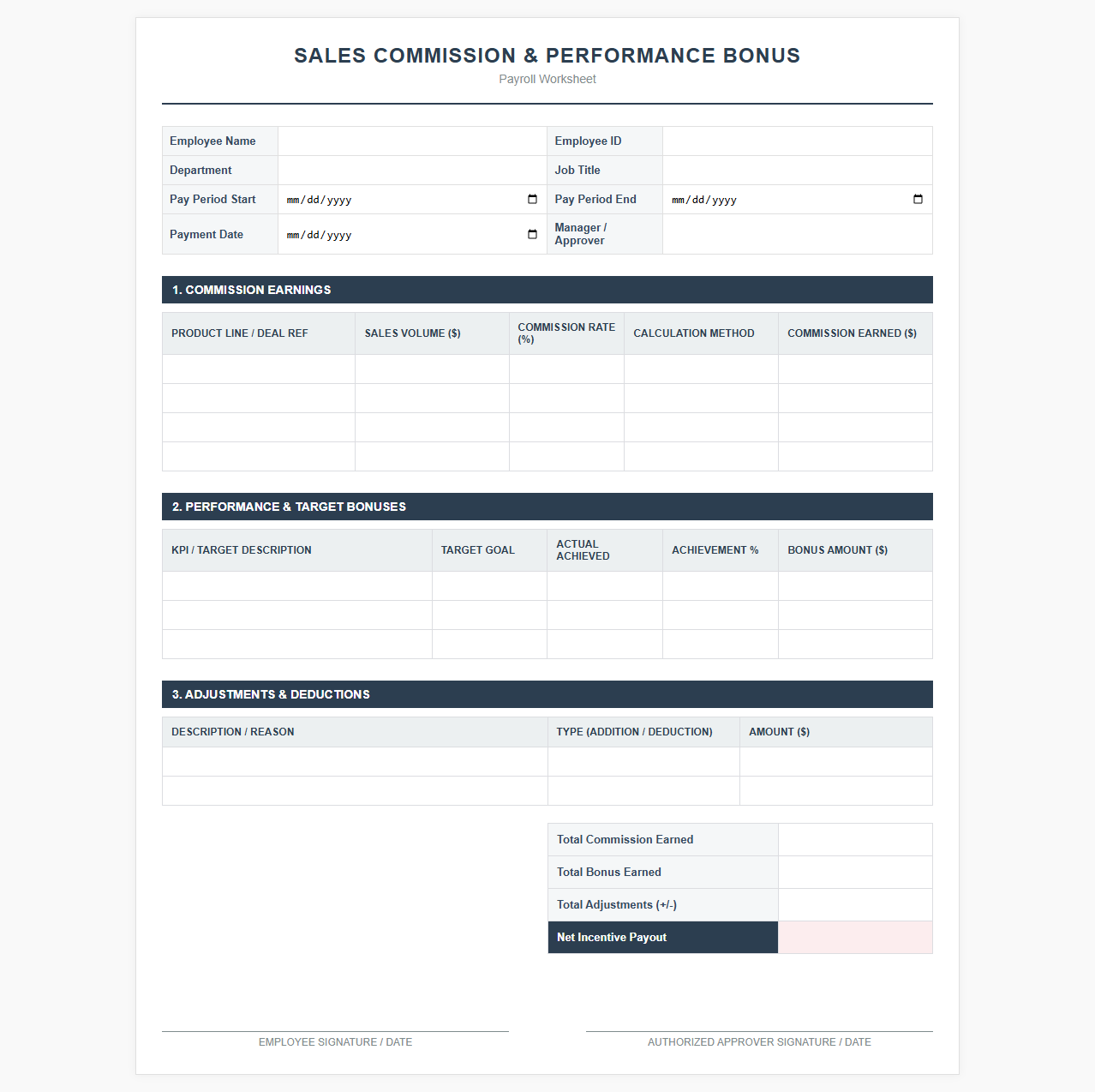 Sales Commission and Performance Bonus Payroll Worksheet