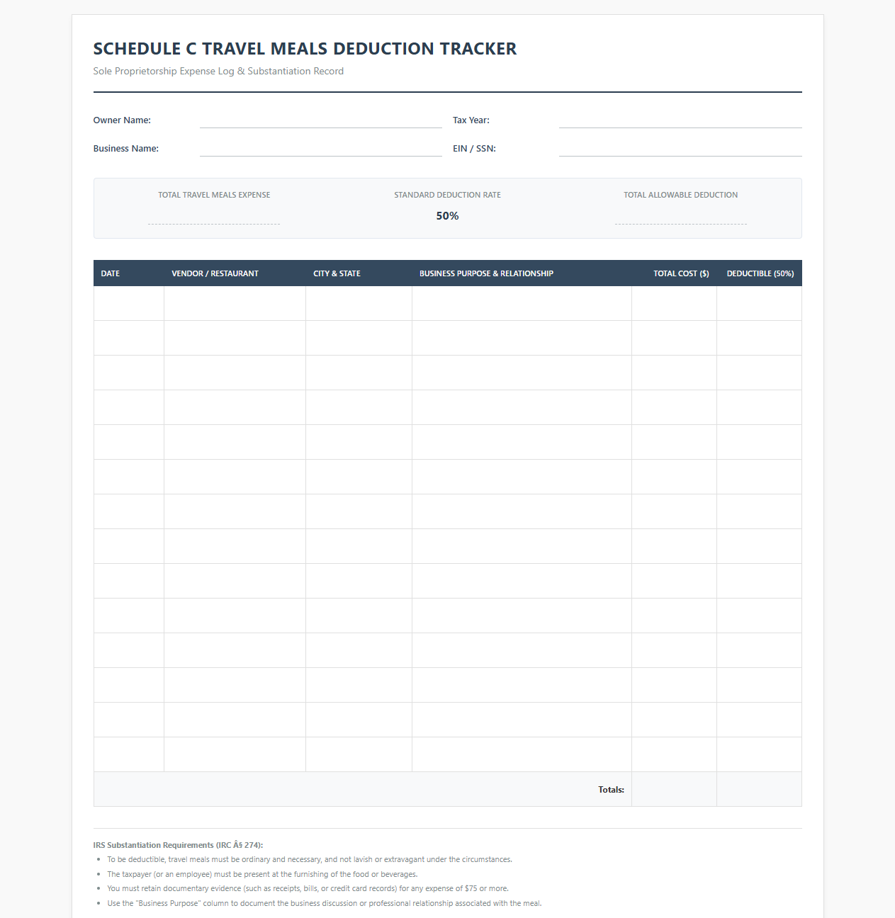 Schedule C Travel Meals Deduction Tracker