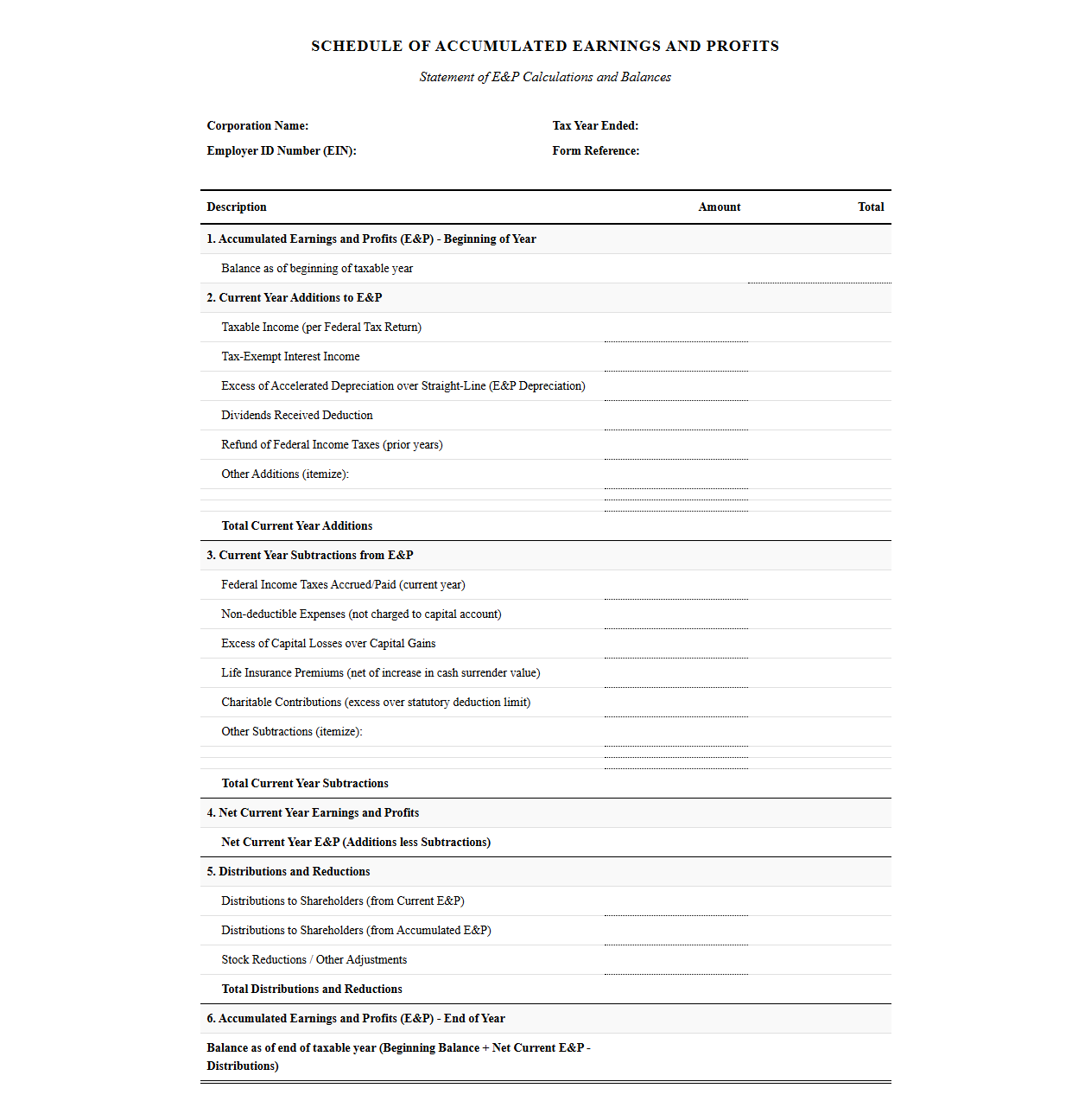 Schedule of Accumulated Earnings and Profits Template