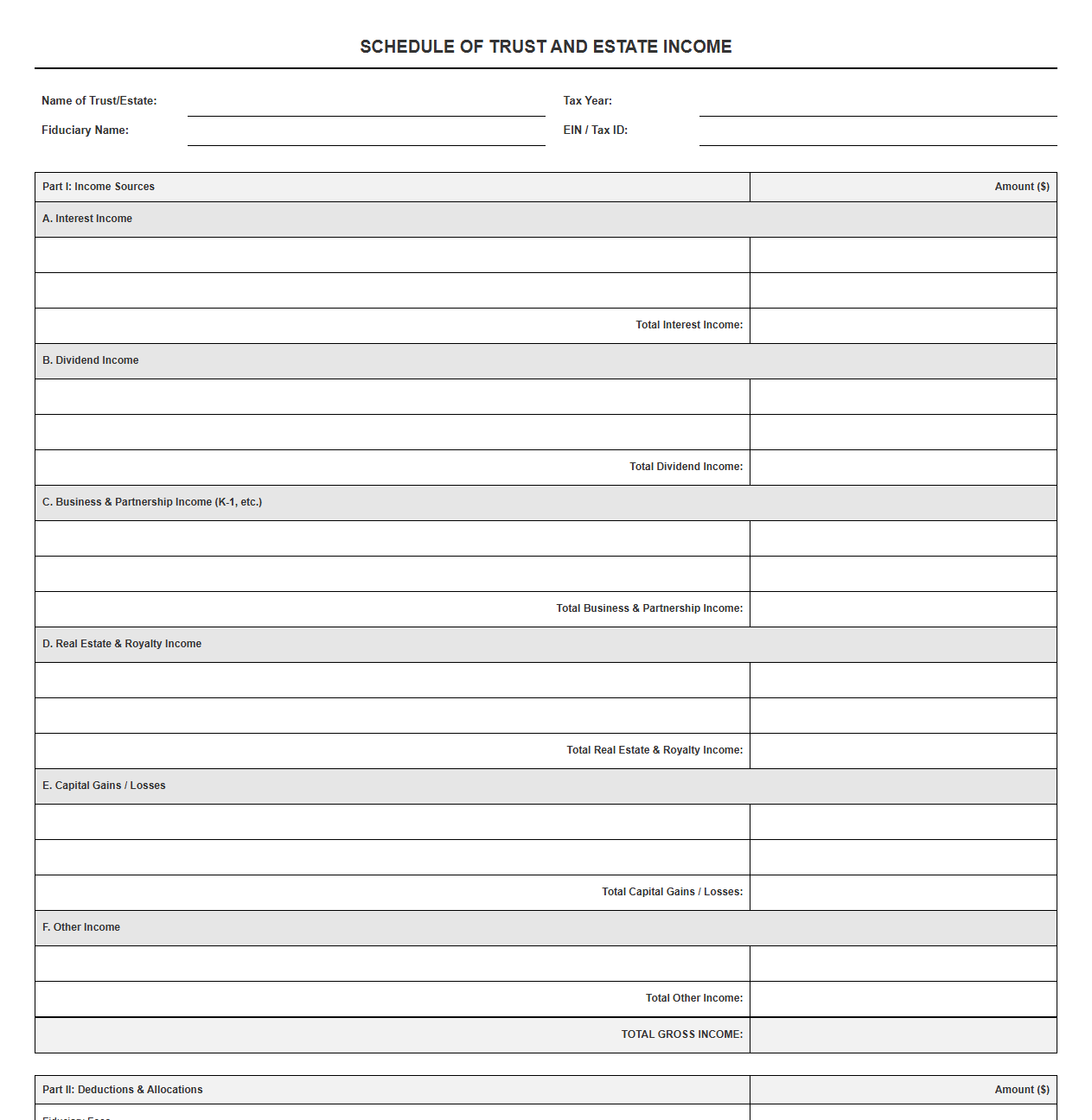 Schedule of Trust and Estate Income Template
