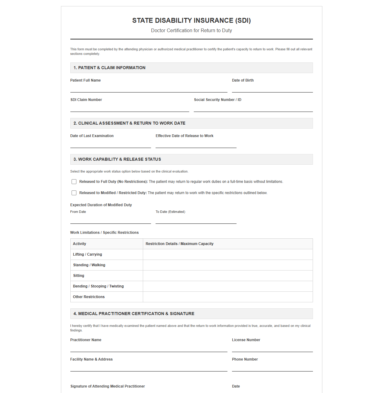 SDI Doctor Certification for Return to Duty